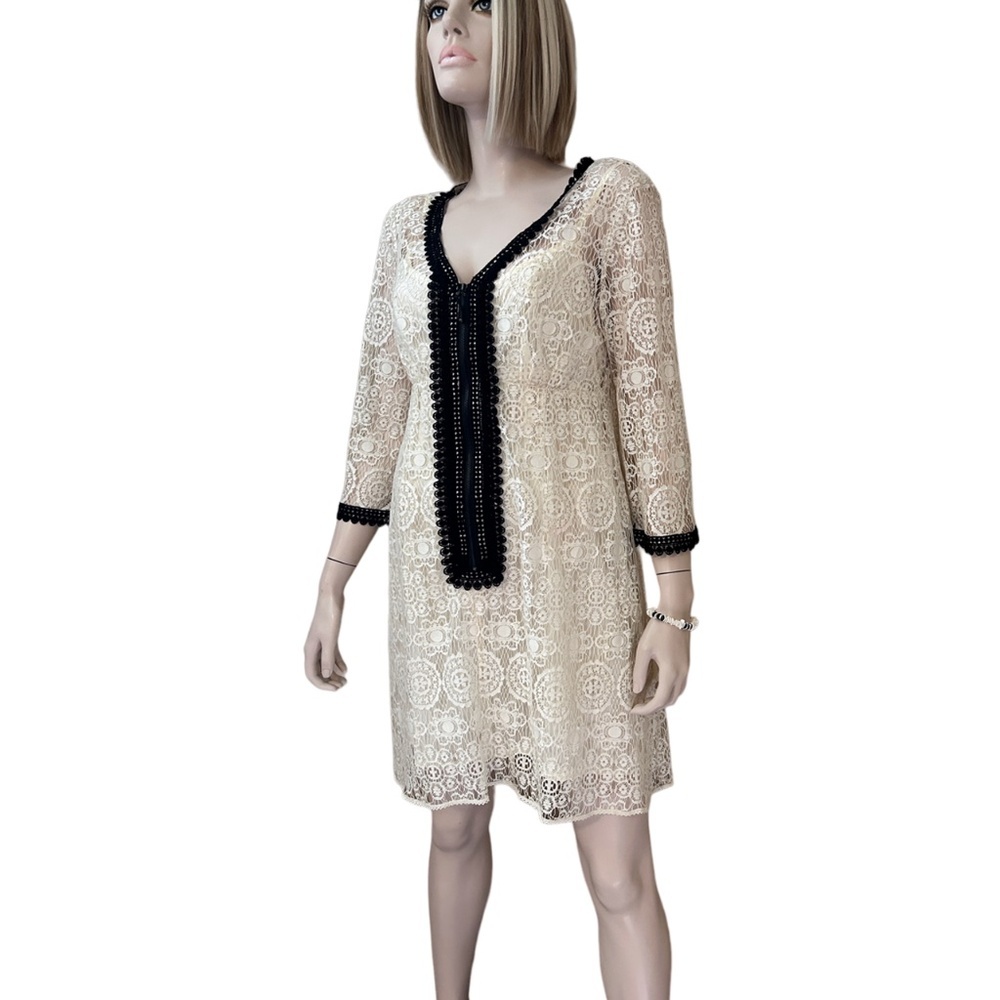 Nanette Lepore Sheath Dress Lace Crochet Zip Front Y2K Made in USA Linen Cotton
